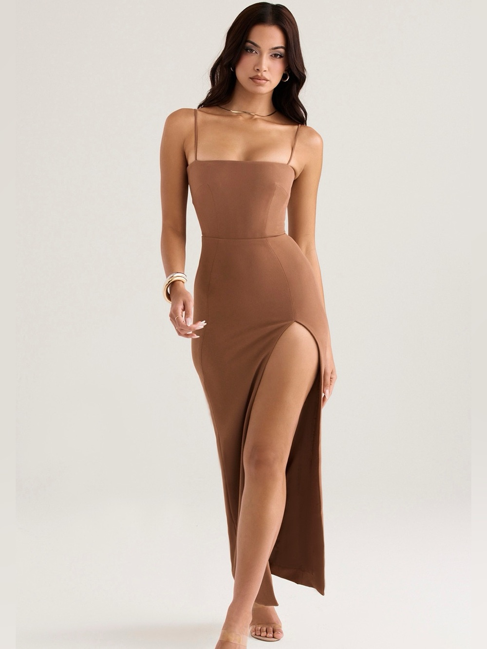 NWT House of CB JAIDA Brown Corset Maxi Dress with Thigh Slit Sz xs tan / brown
